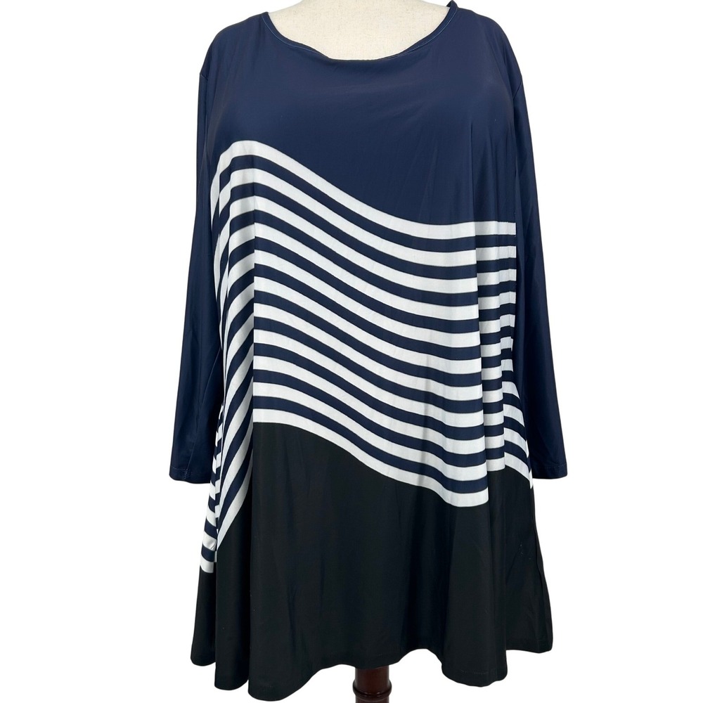 Navy Blue Striped Wave Print Tunic Dress 4X Long Sleeve Modern Minimalist